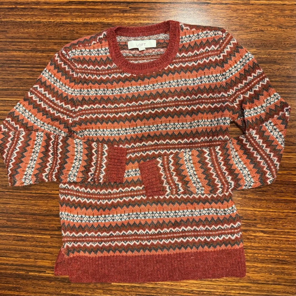 Fair Isle Crew Neck Winter Sweater, Soft Wool Blend, Women's XS by Loft